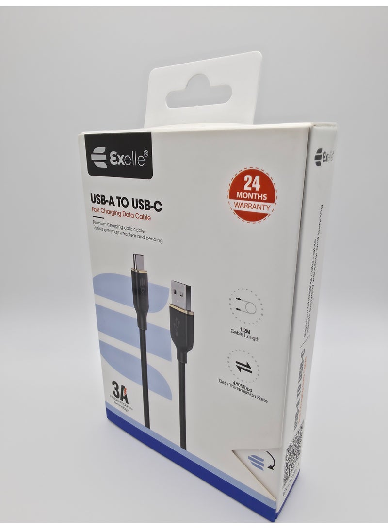كابل بيانات وشحن سريع من نوع USB-A إلى USB-C من Exelle، بقوة 3 أمبير، وطول 1.2 متر، مصنوع من كابل مضفر متين، بسرعة نقل بيانات عالية تصل إلى 480 ميجابت في الثانية، كابل شحن من النوع C للهواتف والأجهزة اللوحية وبطاريات الشحن المحمولة التي تعمل بنظام Android (ضمان لمدة 24 شهرًا). - Image 3